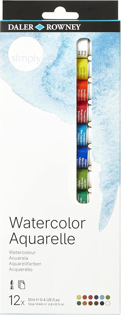 Daler Rowney Simply Watercolor Set - 12 Watercolor Paint Tubes for Student Artists of All Ages - Vibrant Smooth 12ml Watercolor Paints for Canvas Paper and More