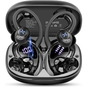 Wireless Earbuds, 50H Bluetooth Ear Buds with Noise Cancelling Mic, Stereo Deep Bass with Earhooks Fast Charging Digital Display IP7 Waterproof Earphones for Running (Black)