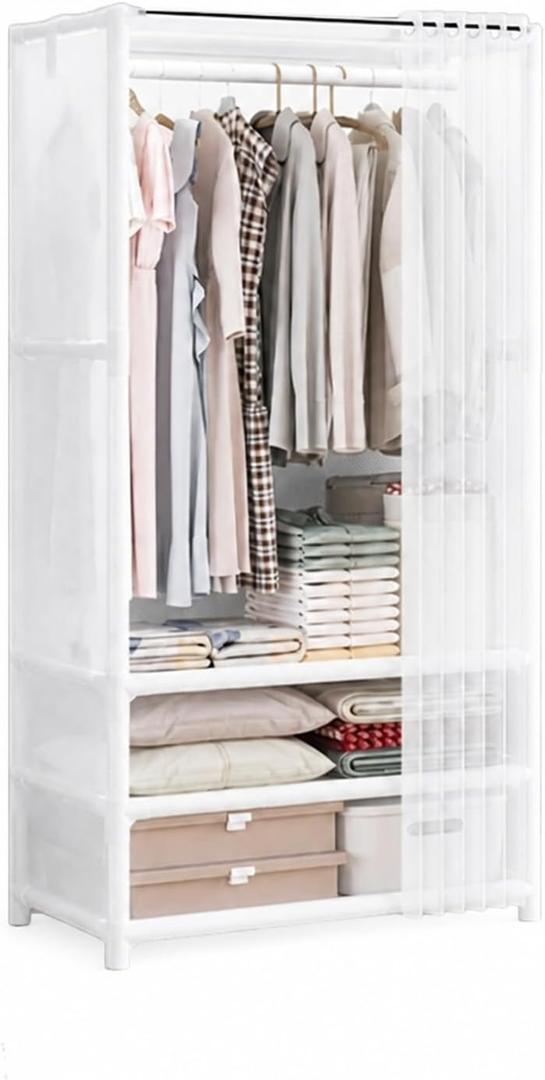 Portable Closet for Hanging Clothes,Japanese Style Wardrobe Closet,Clothes Rack with 1 Hanging Rods,2 Storage Shelves,27.5" L x 17.7" W x 65.1" H,White