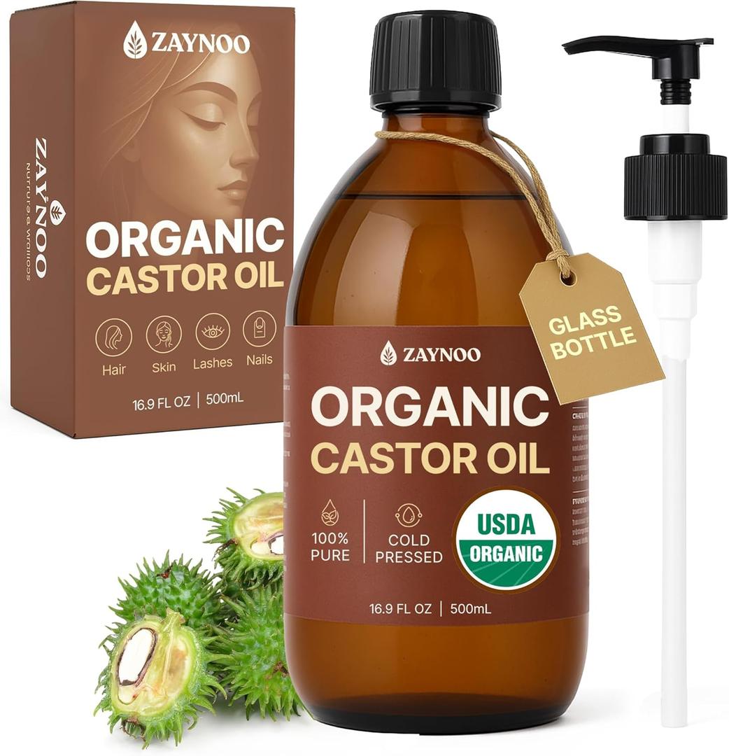 USDA Organic Castor Oil 16.9 fl oz/500 ml Cold Pressed, Hexane Free, Vegan, 100% Pure for Hair Growth, Face, Skin, Lashes, Brows, Body Massage, Aceite de Ricino in Glass Bottle with BPA-Free Pump