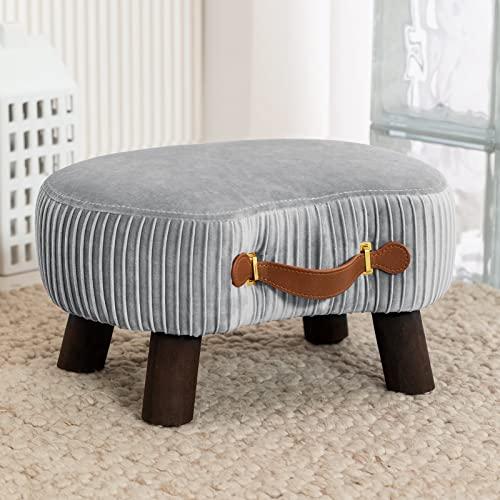 LUE BONA Small Curved Foot Stool with Handle, Gray Velvet Footstool and Ottomans, Modern Foot Rest with Wooden Legs, Step Stool with Padded Seat for Couch, Living Room