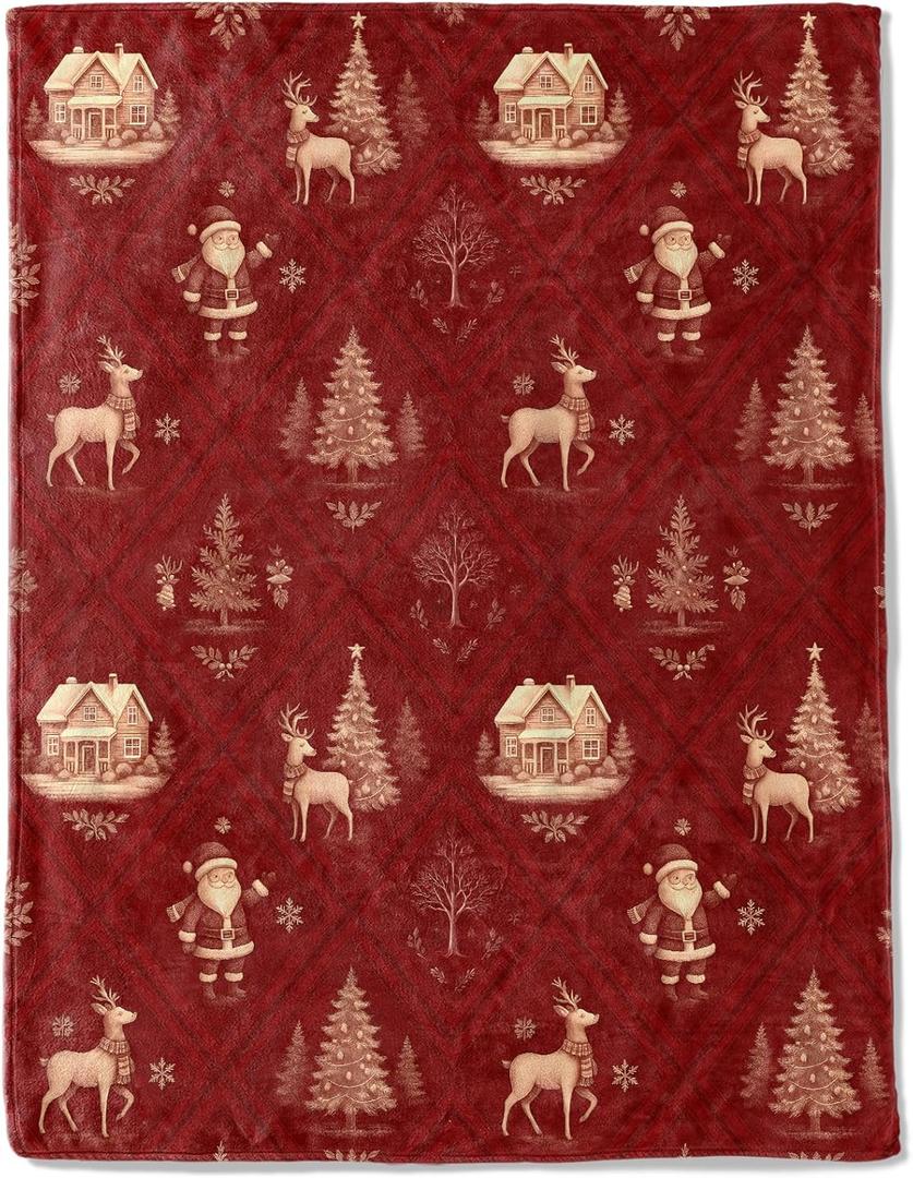 Ainori Christmas Decorative Throw Blanket Santa with Reindeer and Red Vintage Print Decoration, Soft Flannel Winter Blankets for Couch Bed Sofa, Holiday Home Decor, Xmas Festival Gifts 50x60 Inch