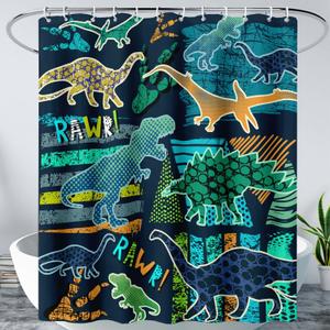 AILONEN Boys Dinosaur Shower Curtain 72" W*72" H for Bathroom,Cartoon Dinosaur Bathroom Shower for Kids Boys,Retro Blue Dinosaur Print Bath Curtain Polyester Waterproof Bathroom Curtain with 12 Hooks