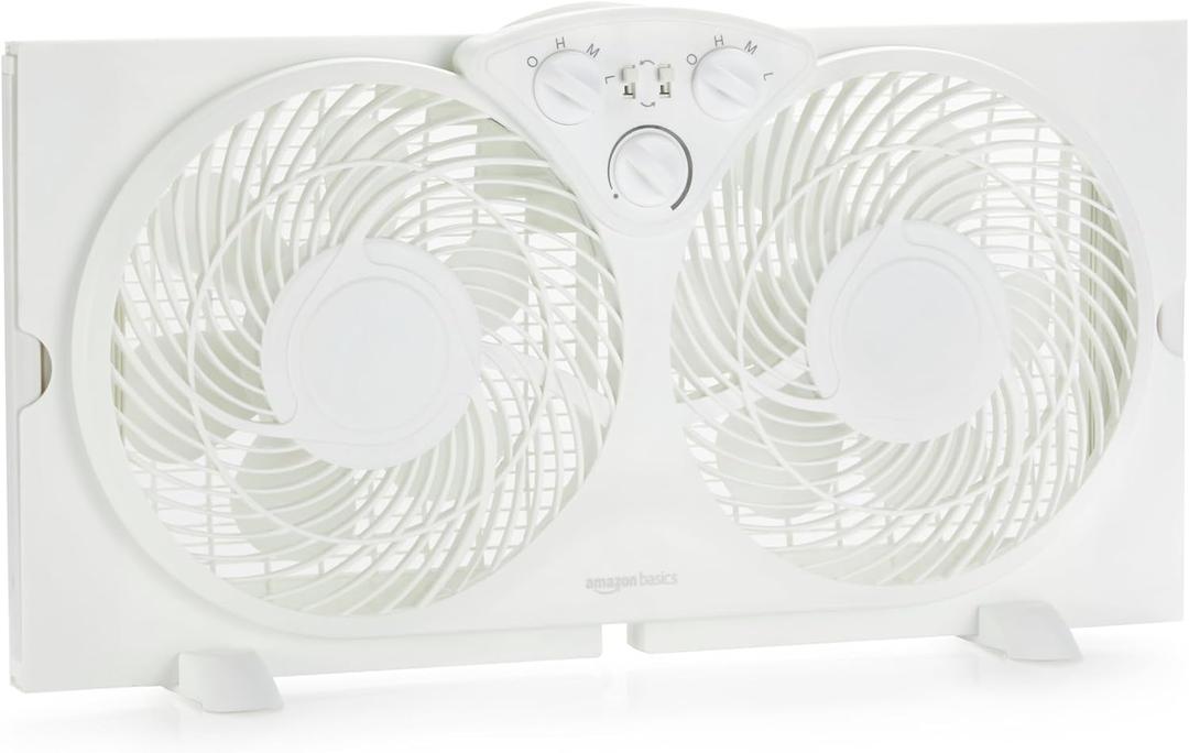 Amazon Basics Window Fan for Home Bedroom, Twin Heads, Cooling Airflow, Exhaust, Expandable Side Panel, Manual Control, 3 Speeds, 63W, 9 inch, White