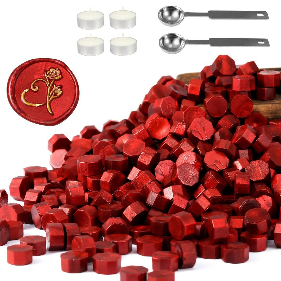 Yoption 360 Pcs Antique Red Sealing Wax Beads Set for Wax Seal Stamp with Candles and Melting Spoon