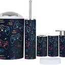Bathroom Accessory Set 6 Piece Seamless joysticks Gamepad Slogan Text for Prints Other uses Toothbrush Holder, Toothbrush Cup, Soap Dispenser, Soap Dish, Toilet Brush Holder, Trash can (Multi1)