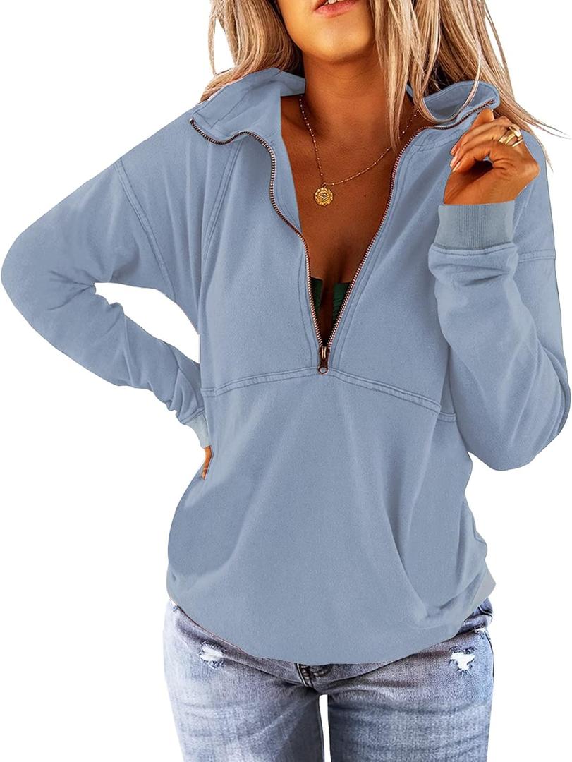 Floral Find Women's Long Sleeve Lapel Half Zip Up Sweatshirt Solid Stylish Loose Fit Casual Pullover Tops (XX-Large, L-airy Blue)