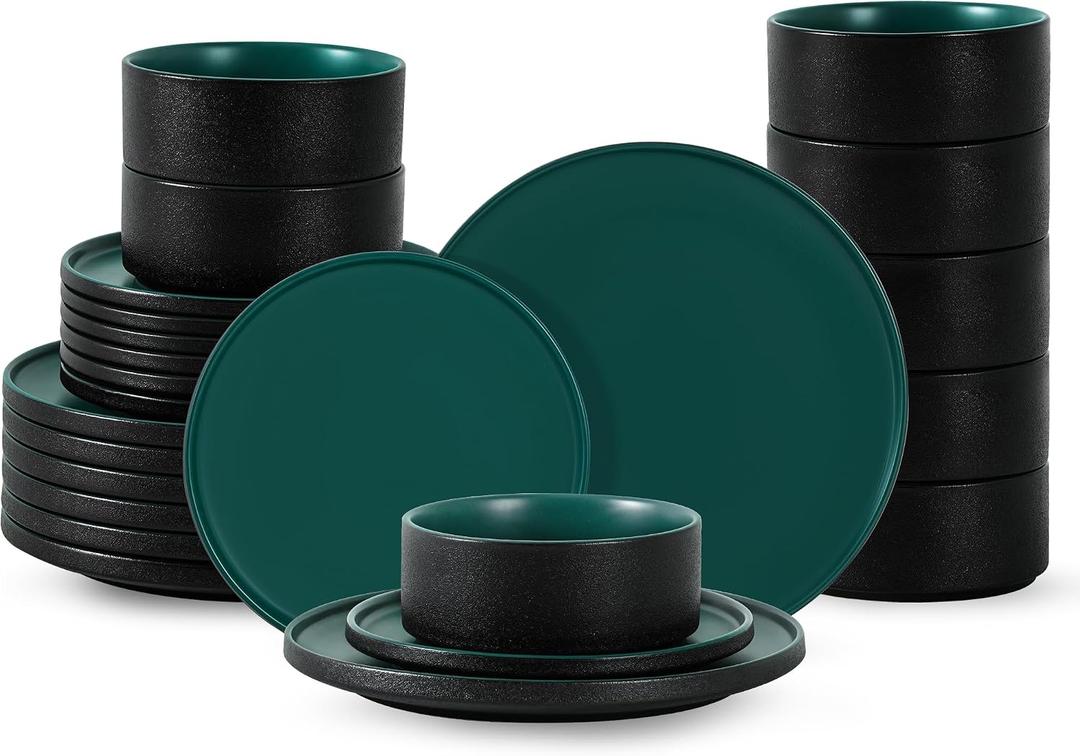 Dinnerware Sets, 24-Piece Plates and Bowls Set for 8, Matte Green