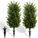 Set of 2 3FT Artificial Cedar Topiary Trees with Thickened Ground Spike, UV Resistant Faux Evergreen Bushes Fake Cypress Shrubs for Indoor Outdoor Front Porch Garden Decor