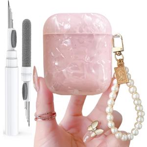for Cute Glitter Airpods 2/1 Gen Case with Cleaner Pen,Shell Pattern Airpods 2nd/1st Generation Cover Protective Skin Girl Women with Luxury Pearl Keychain for Apple iPod 2nd/1st Gen - Pink