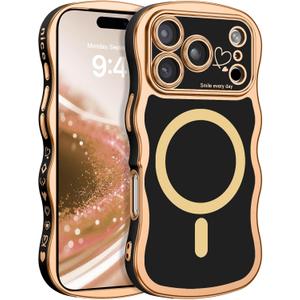 BENTOBEN Magnetic for iPhone 17 Pro Max Case 6.9" 2025, Cute Luxury Curly Wavy Bumper [Compatible with Magsafe] [Full Camera Protection] Slim Shockproof Protective Girls Women Phone Cover, Black/Gold