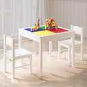 4NM 3 in 1 Kids Table Set for 2, Children Table and Chairs, Toddler Play Activity Table with Hidden Storage Wood Building Block Table Desk for Ages 3-7- Color White