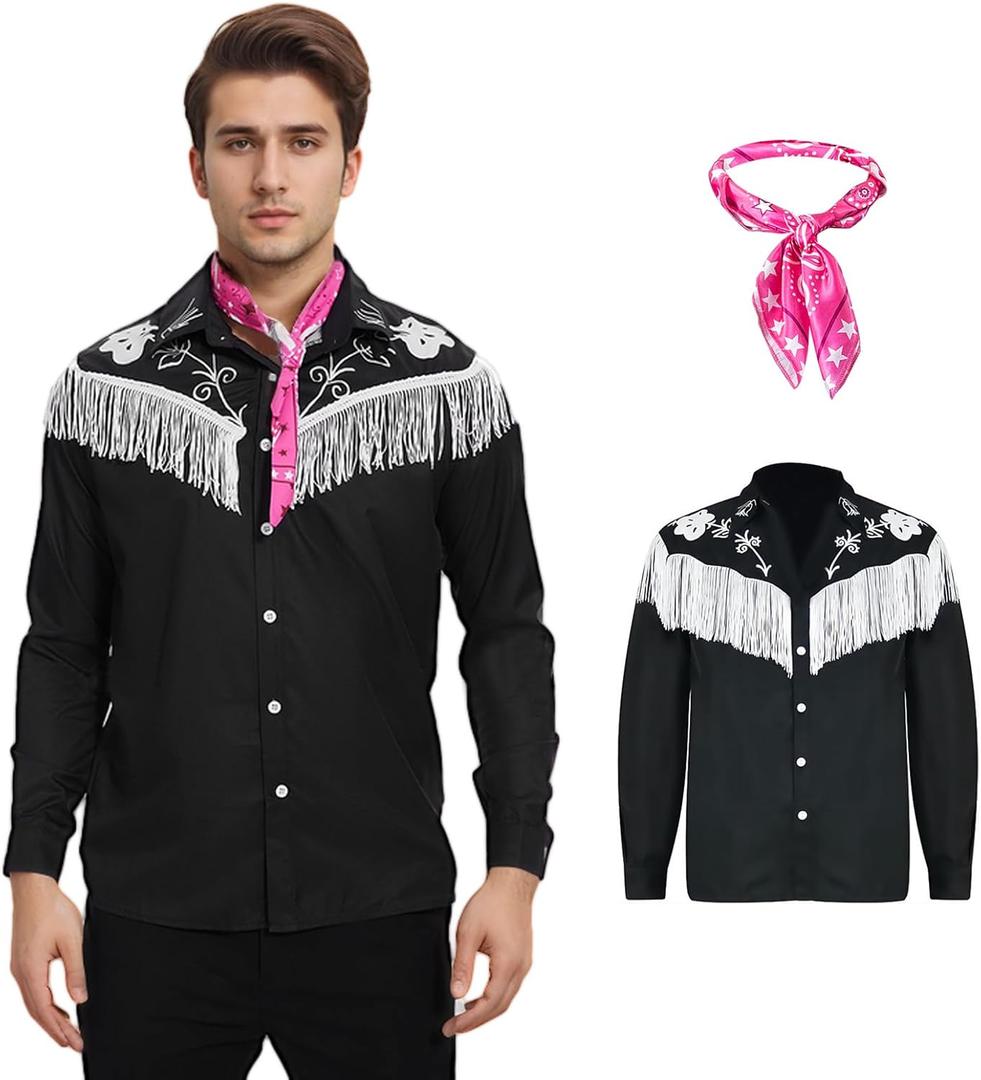 Cowboy Costume Adult Men with Scarf,Western Long Sleeve Fringe Shirt Outfits for Halloween Party Cosplay (Size Medium)