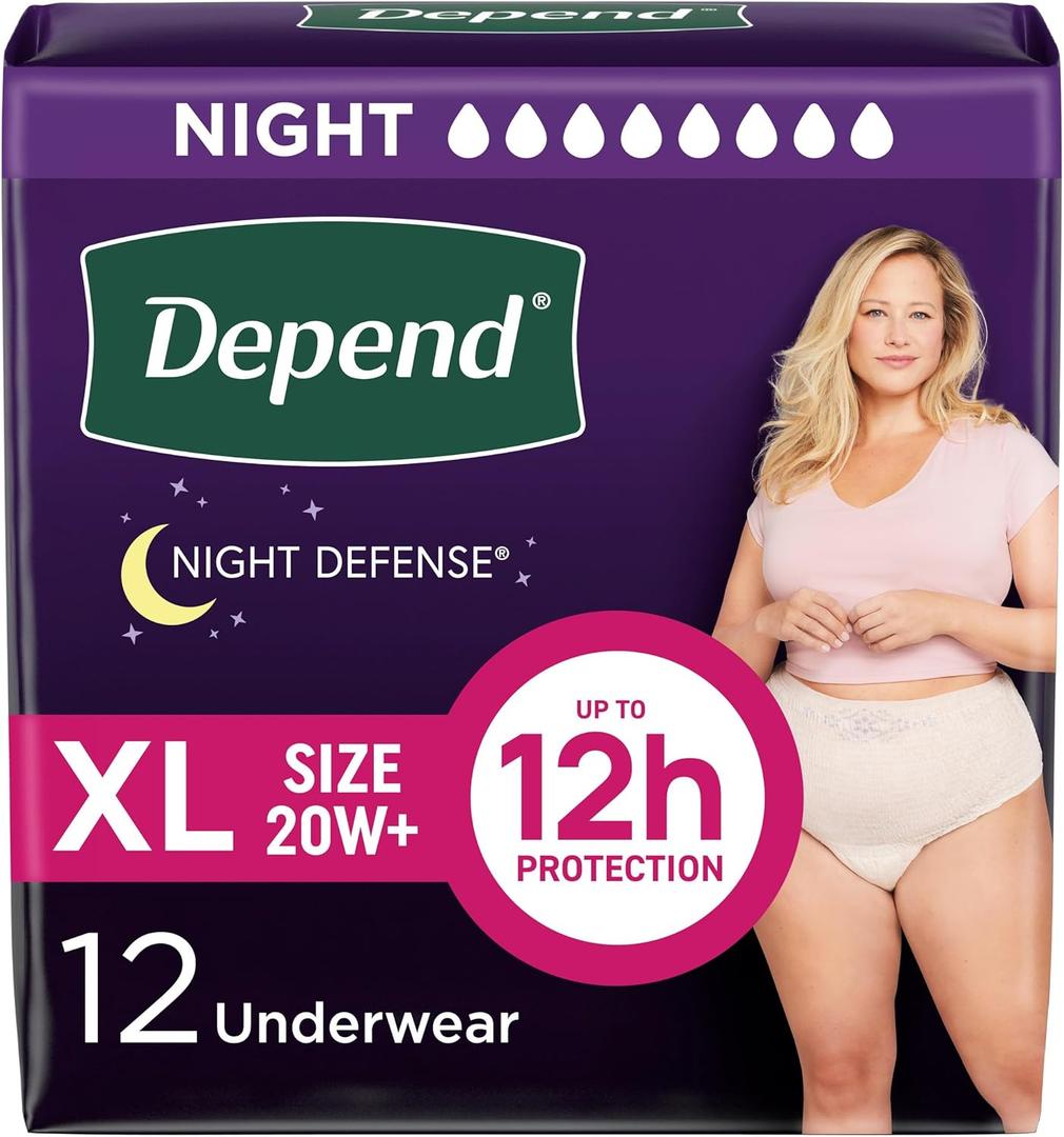 Depend Night Defense Adult Diapers, Incontinence & Postpartum Bladder Leak Underwear for Women, Disposable, Overnight, Extra-Large, Blush, 12 Count