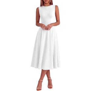 Simplee Women's Summer Sleeveless Cocktail Midi Dress 2026 Elegant Classy Crewneck A Line Flowy Party Tank Formal Dresses (White, L)