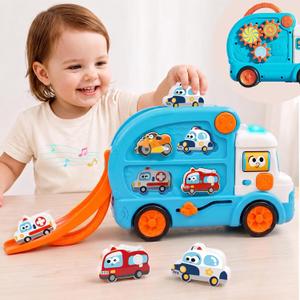 iPlay, iLearn Toddler Bus Toy W/ 3D Matching Puzzle & Car Slide, Baby Musical Push Go Car W/Sound, Montessori Learning Vehicle Match Game, Birthday Gift 18 24 Month 1 2 3 Year Old Infant Kid Boy Girl