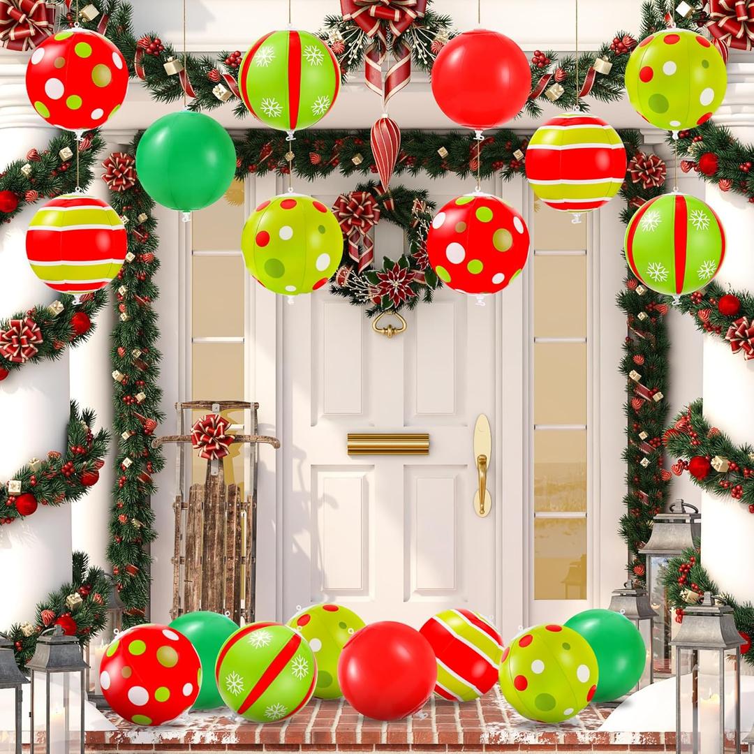 24 Pcs 7.5 Inch Christmas Inflatable Ball 6 Style Outdoor Hanging Ornament Blow Up Xmas Inflatable Ornament PVC Christmas Decoration Ball for Yard Lawn Porch Garden Front Door Holiday Decor (Red&Green)