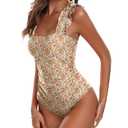 AI'MAGE Women's One Piece Swimsuits Square Neck Tummy Control Bathing Suit with Adjustable Ruffled Straps Swimwear Apricot Floral S