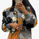 Aimiray Women's Cropped Floral Print Jacket Long Sleeve Fleece Warm Bomber Jacket Lightweight Button Varsity Coats Size S