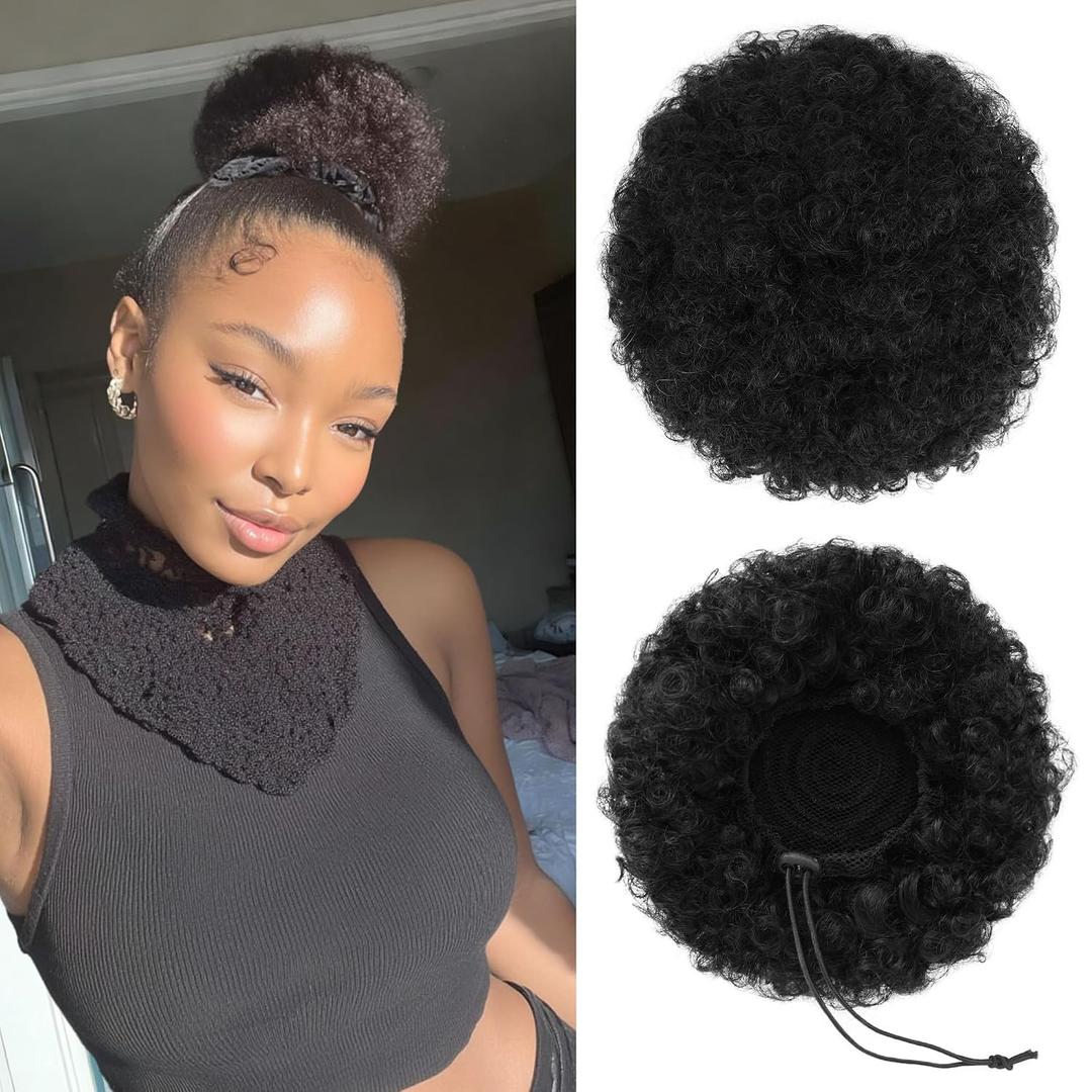 100% Human Hair Afro Puff Drawstring Ponytail for African Black Women GirlsShort Afro Curly BunKinky Curly Short Extensions Hairpieces - 1B Natural Black Medium Size - 1 PIECES