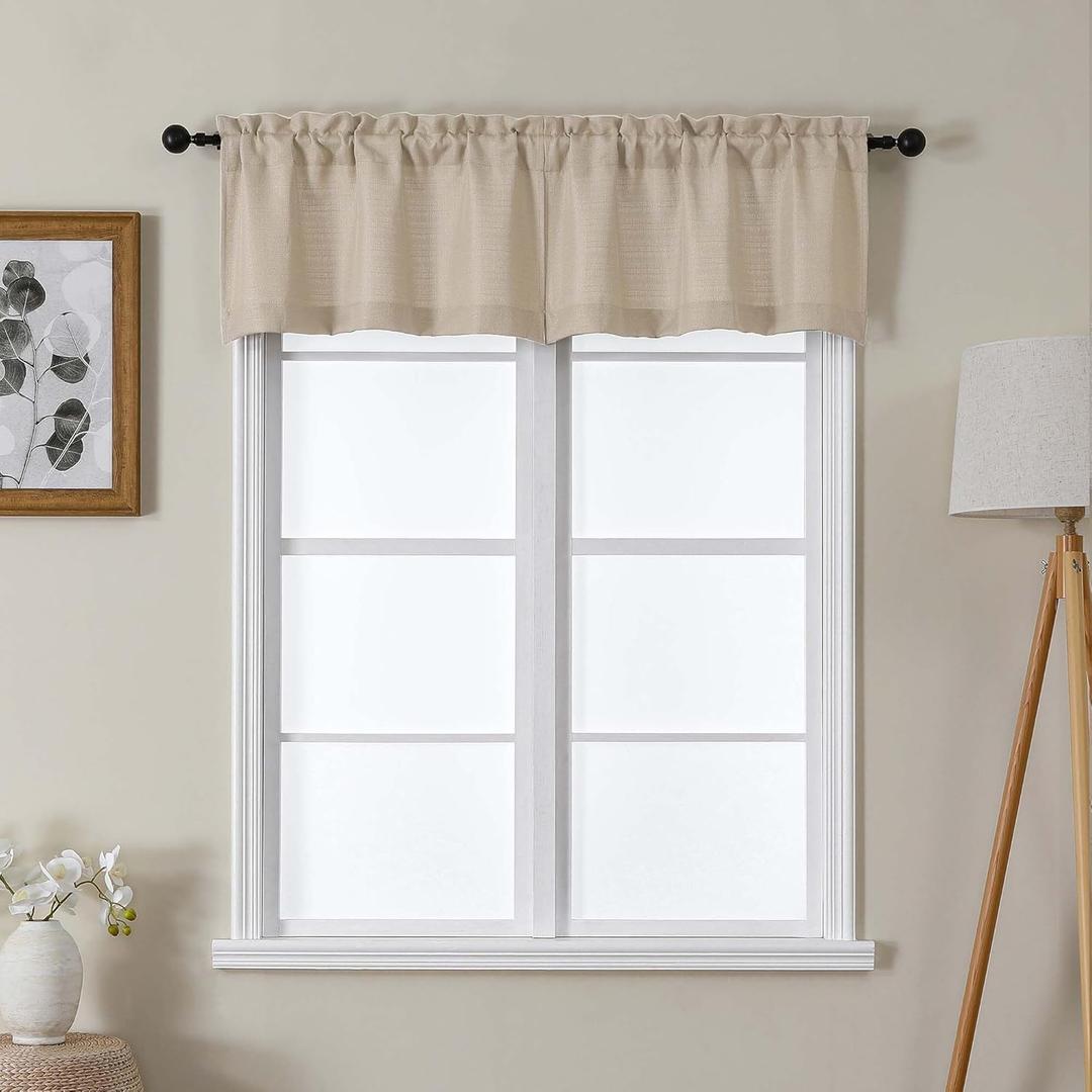 Lecloud Bessie Valance for Windows 14 Inch Length 2 Pcs, Light Filtering Faux Linen Textured Cafe Short Curtains, Rod Pocket Valances for Laundry Bathroom Bedroom, Each 30 W x 14 L, Linen Color