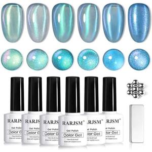 RARJSM Blue Cat Eye Gel Nail Polish Set 6pcs Reflective Diamond Glitter Clear Light Gray Sea Blue Green Tone Glass Cateye Gelpolish with Magnet Stick 7.5ml Curing Requires Soak Off for Home Salon