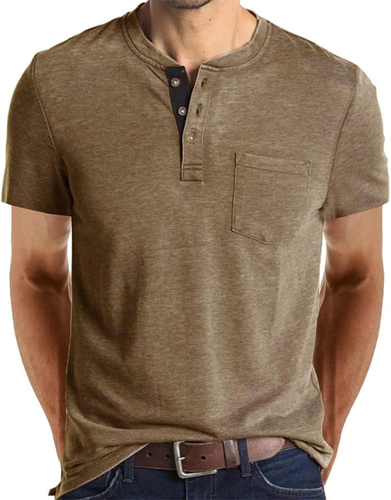 Mens Casual Short Sleeve Henley Shirts Fashion Button T Shirts with Pocket (Medium, Khaki)