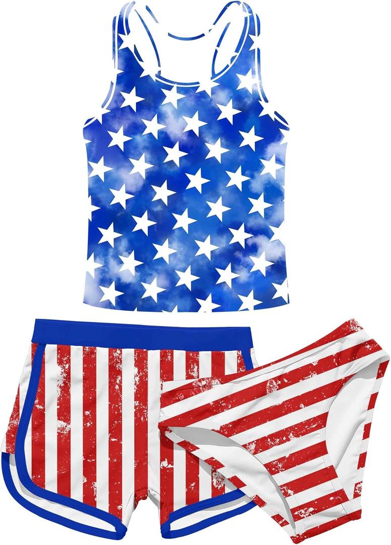 uideazone Girls 3 Piece Bathing Suit Summer UPF 50+ Racerback Swimsuit with Shorts Beach Tankini Sets 14-15 Years