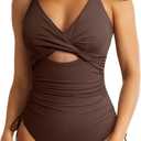 Aleumdr Women's Ribbed One Piece Swimsuit Tummy Control High Cut Bathing Suit Sexy V Neck Criss Cross Monikini (Large, Brown)