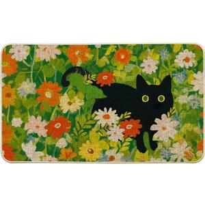 Artoid Mode Flowers Floral Black Cute Cat Spring Doormat,Home Decor Door Mat Low-Profile Switch Rug Floor Mat for Indoor Outdoor 17x29 Inch