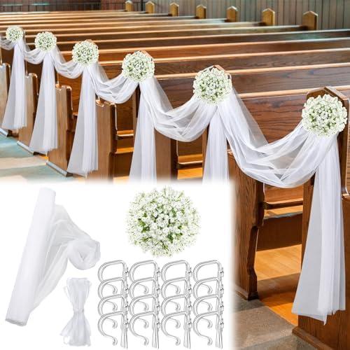 Riceshoot 3 Pcs Church Pew Wedding Decorations White Fabric Tulle Silk Flower Pew Clips Wedding Aisle Decor for Church Ceremony Banquet Party Reception(White)