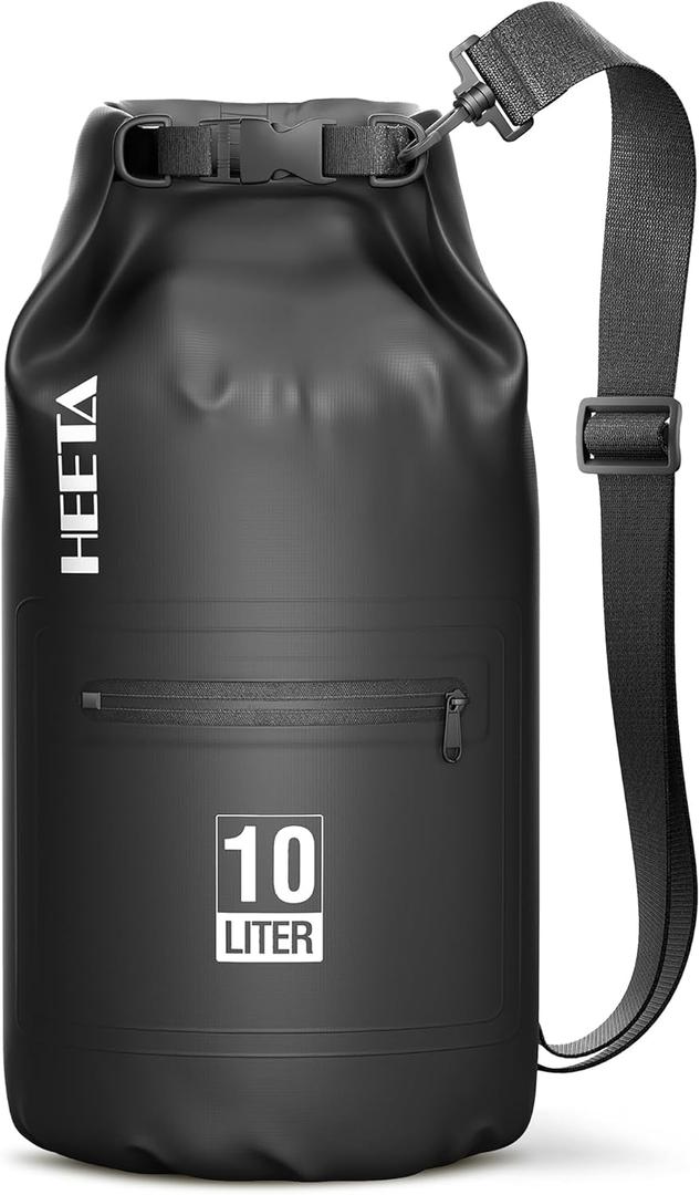 HEETA Waterproof Dry Bag with Front Zippered Pocket for Women Men, 10L Roll Top Lightweight Dry Storage Bag Backpack for Travel, Kayaking, Boating, Rafting, Camping, Hiking & Beach (Black)