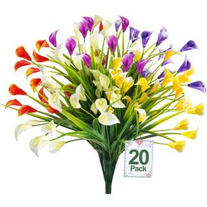 TURNMEON 20 Bundles Calla Lily (400 Heads) Artificial Flowers for Outdoors, Fake Plants UV Resistant Faux Plastic Fake Flowers for Indoor Planter Porch Gardens Home Summer Cemetery Decor(Color Mix)