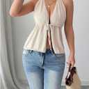 SOLY HUX Women's Deep V Neck Tie Front Halter Crop Top Backless Textured Peplum Tank Shirts Date Outfits (Beige, S)