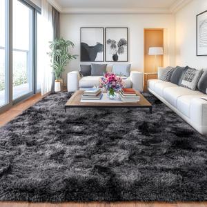 Shaggy Area Rugs, Fuzzy Rugs for Living Room, Soft Nursery Area Rug for Girls, Tie Dye Black Gray Plush Area Rugs Non Slip, Fluffy Rug Carpet 8x10ft