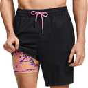 maamgic Mens Swim Trunks with Compression Liner 9 Inch Stretch Quick Dry Swim Shorts with Zipper Pockets Swimwear (XX-Large, Geometrical Black)