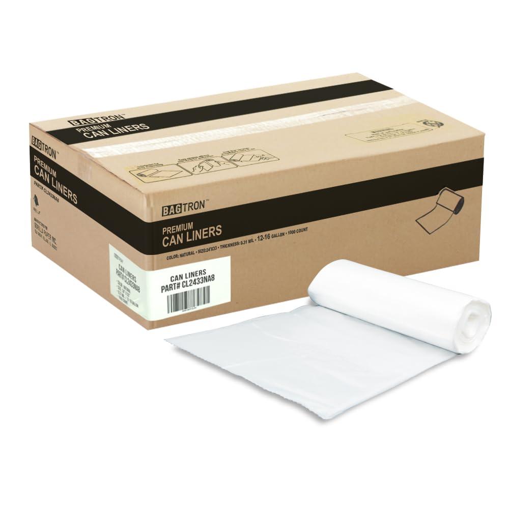 Bagtron 12-16 Gallon Trash Bags, 8 Micron High Density Garbage Can Liners Bulk, 24" x 33", Natural Clear, 1000 Count