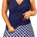 Daci Plus Size Swimsuit Women 2 Piece Ruched Blue Tankini V Neck Top Bathing Suits with Skirt 14W-24W
 (Navy Blue Geometry)