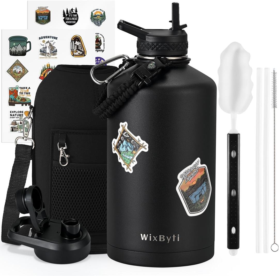 WixByti One Gallon Water Bottle Insulated, Triple Wall Vacuum Cold for 48 Hrs & Leak-proof & Non-BPA, 128oz Large Sports Stainless Steel Water Jug with Paracord Handle Straw Spout Lids & DIY Stickers (Black)