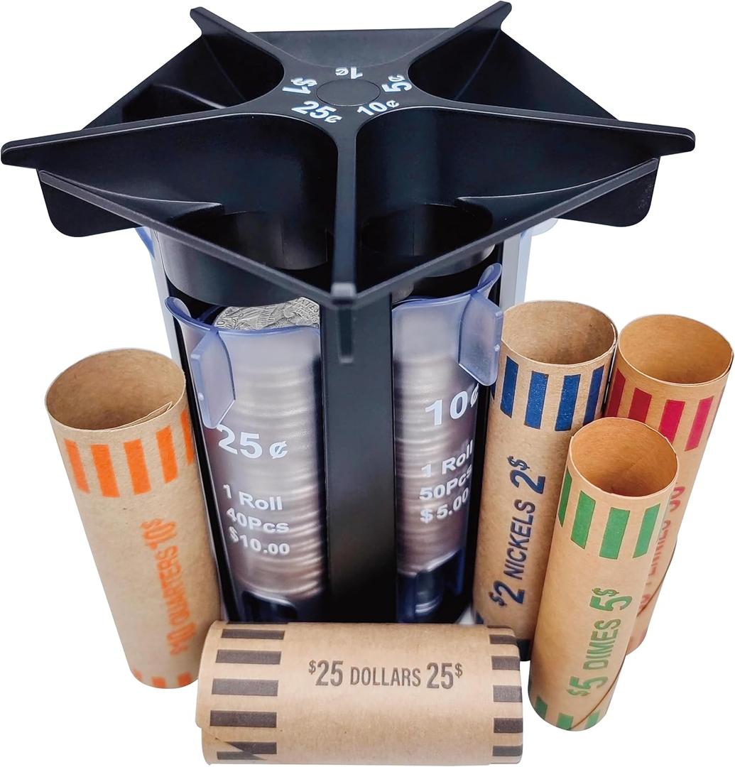Coin Sorter Tube Coin Counter with Coin Wrappers, 5-in-1 Change Sorter Change Counter Machine, Coin Organizer & Coin Holder Coin Roller, Use with Coin Bank Coin Jar, Sort Quickly & Accurate