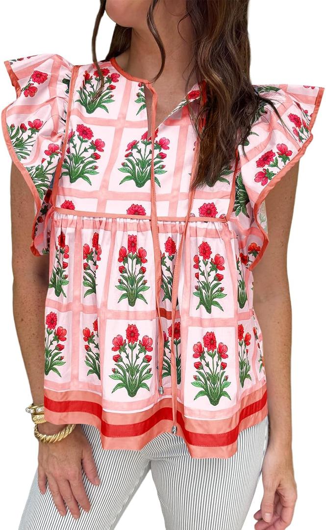Cicy Bell Womens Peplum Floral Blouses Babydoll Ruffle Cap Sleeve Boho Tops | Flutter Short Sleeve Top,V Neck,Dressy Casual Summer Flowy Shirts,Versatile for Daily Vocation (S)