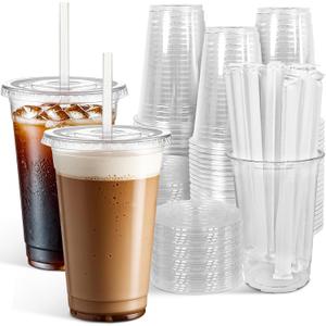 Ginkgo 100 Pack - 16 oz Clear Plastic Cups with Lids and Straws, Leak-Proof & Sturdy, Disposable Iced Coffee Cups for Smoothie, Cold Drinks