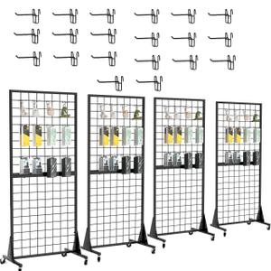 4-Pack 2'x5.5' Ft Gridwall Panel Display Stands Heavy Duty Floor Standing Retail Display Rack with Triangle Base for Retail Art Show With 20 Hooks