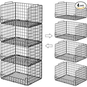 4-Tier Stackable Closet Organizers and Storage Basket - Foldable Closet Shelf Organizer System, Sturdy Metal Space-Saving Clothes Storage Bins for Wardrobe, Black