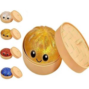 Glitter Dumpling Squishy, 2026 New Bun Squeeze Stress Relief Ball with Steamer Box for Stress Relief, More Surprises (Yellow)