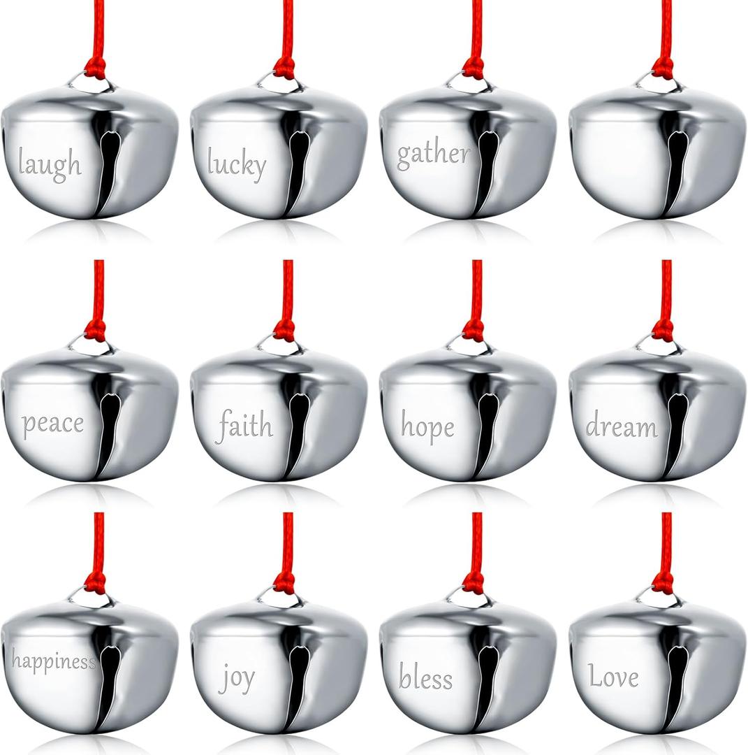 Sratte 24 Pack 1.5 Inch Christmas Bells Ornament Xmas Believe Jingle Decoration Santa Sleigh Bell Christmas Printed Decor with Red Ribbon for Xmas Tree Home Decoration(Silver)