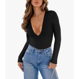 REORIA Women's Trendy Sexy Plunge Deep V Neck Long Sleeve Bodysuit Double Lined Going Out T Shirt Tops, XXL