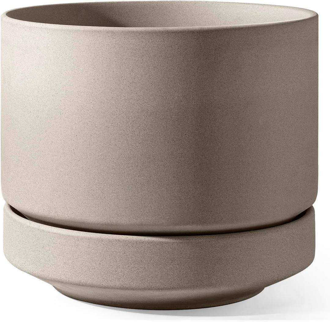 LE TAUCI Large 14 Inch Plant Pot with Saucer | Ceramic Outdoor & Indoor Big Planter Pot | Drainage Hole, Mesh Pad | Unglazed Porous | Modern Minimalist for Home and Patio Neutral Gray