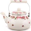 Tea Kettle Pot for Stove Top,Porcelain Large Enamel Teakettle,2.5L Colorful Teapot Floral Ceramic for Stovetop,Retro Classic Design (Pink flower-2.4L)