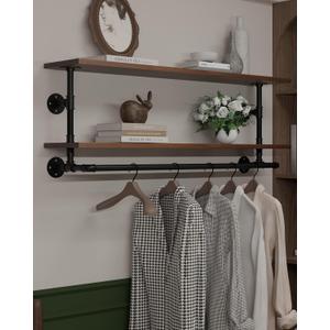 Clothes Rack 48in, Wall Mounted Garment Rack with Real Walnut Wood Shelf, Heavy Duty Hanging Clothes Rack, Multi-Purpose Hanging Rod, Space-Saving Closet Storage (Walnut, 2T48IN)